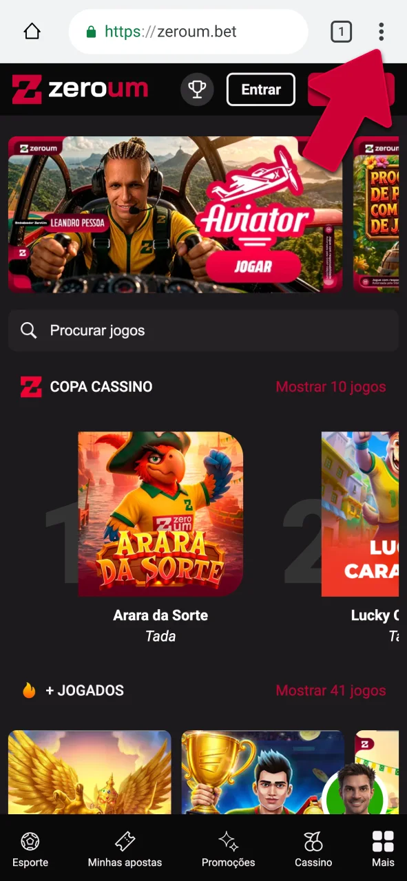 Toque nos três pontos do navegador para abrir a Zeroumbet e mude o seu jogo já.