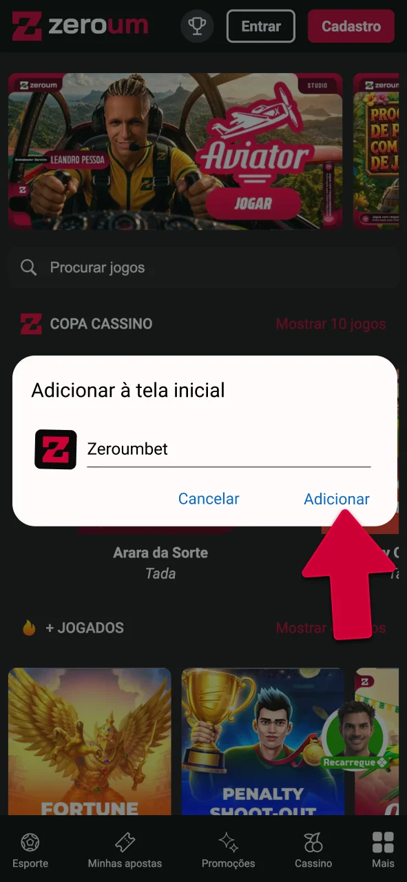 Confirme o nome do atalho da Zeroumbet, conclua a instalação e jogue agora.