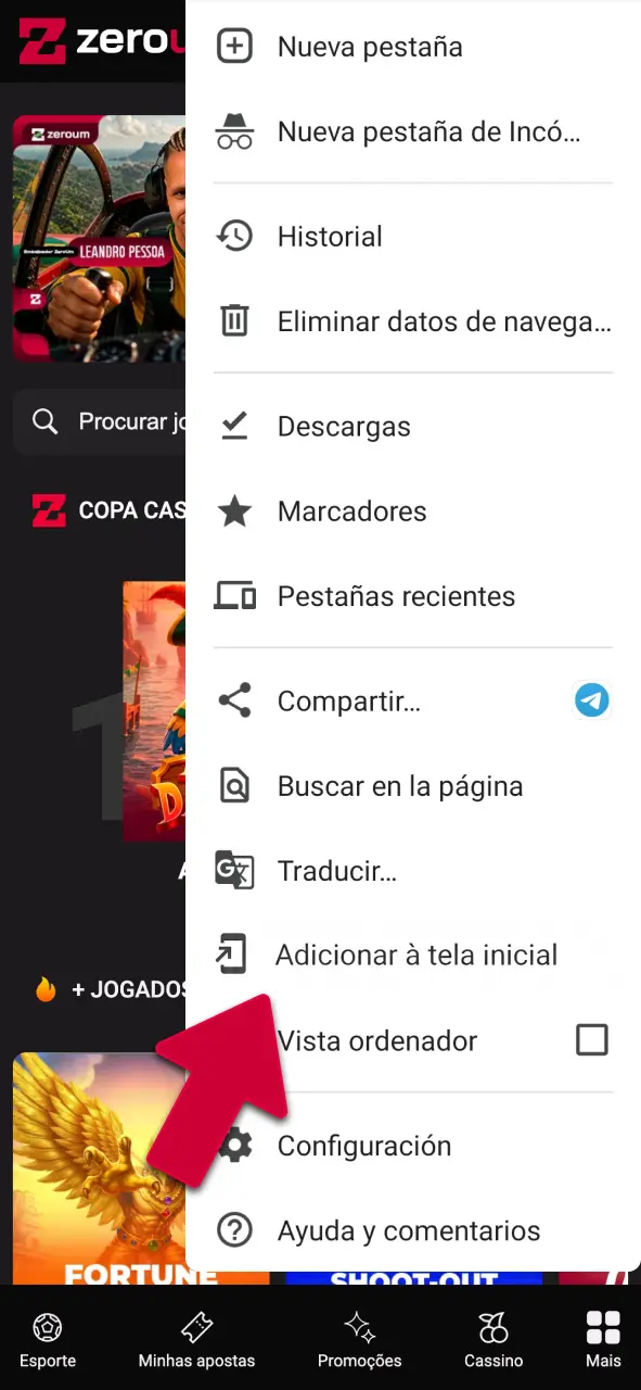 Selecione a opção de adicionar à tela inicial da Zeroumbet e jogue agora.