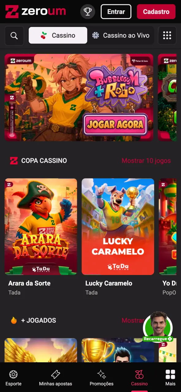 Veja a tela de cassino no aplicativo da Zeroumbet, escolha seu jogo e jogue agora.