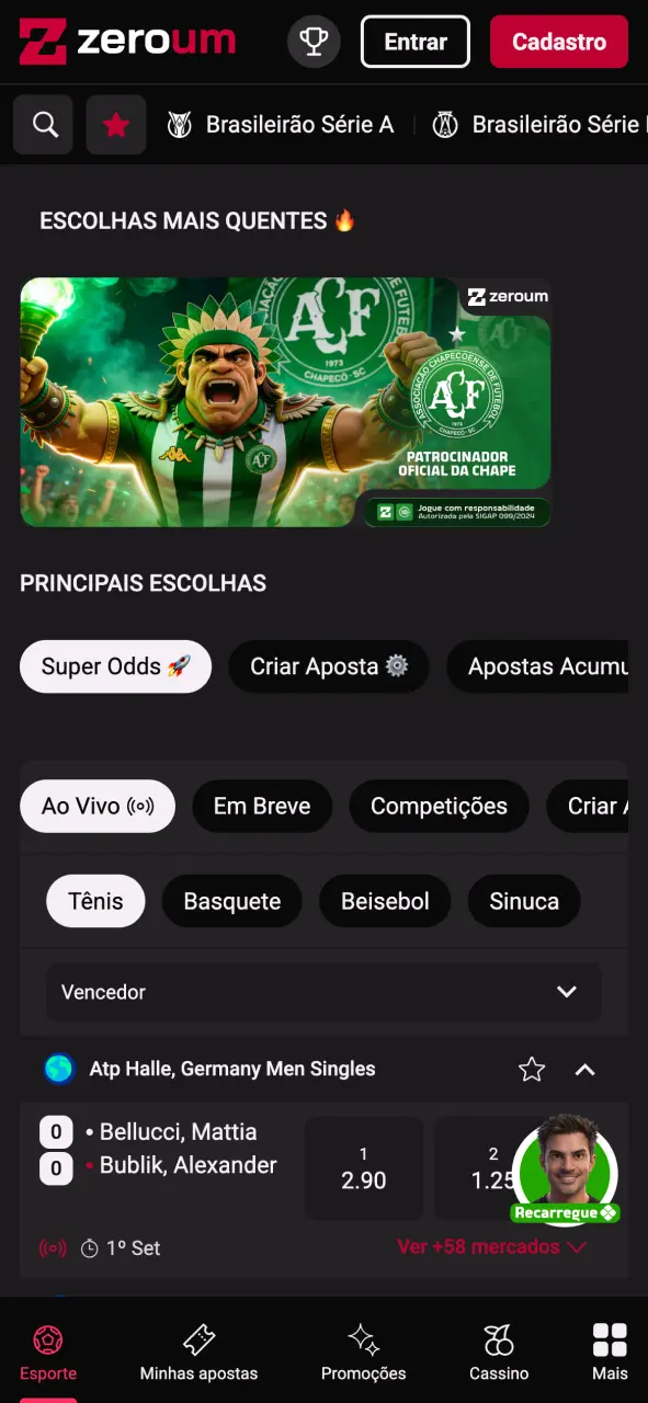 Veja a tela de esportes no aplicativo da Zeroumbet, escolha sua modalidade e jogue agora.