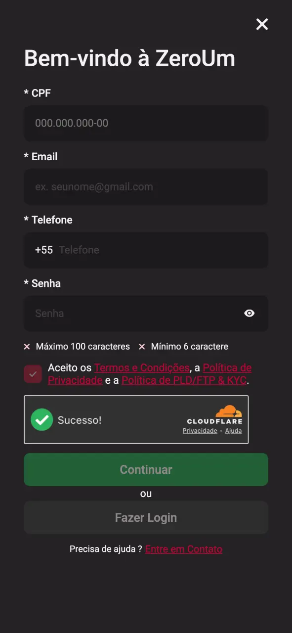 Veja a tela de inscrição no aplicativo da Zeroumbet, preencha os campos e jogue agora.