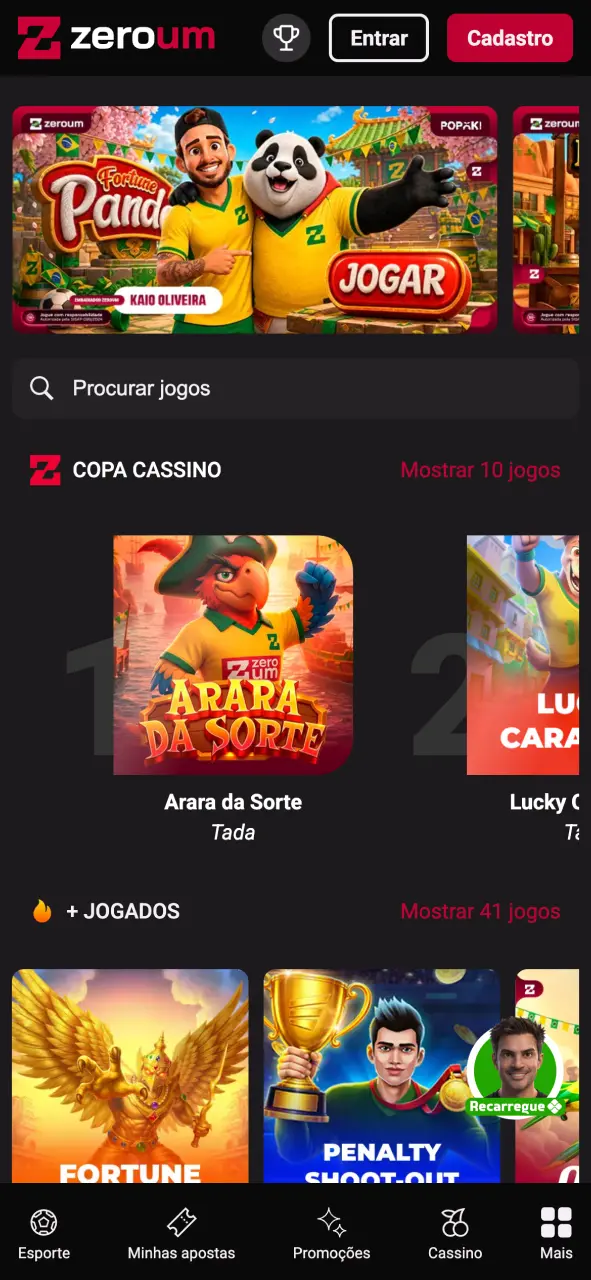 Veja a primeira tela do aplicativo da Zeroumbet, faça seu login e jogue agora.