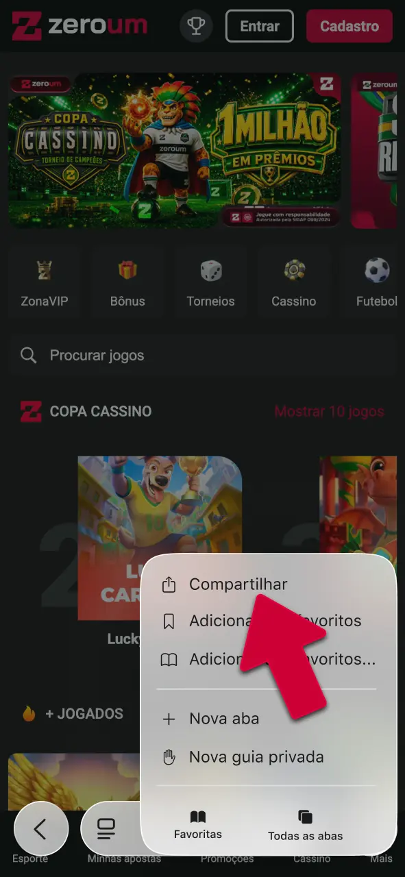 Toque no ícone de compartilhamento do Safari para acessar a Zeroumbet e jogue agora.