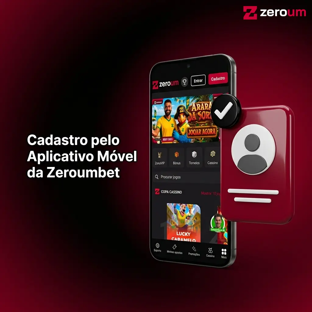 Cadastro no aplicativo móvel Zeroumbet para Android com etapas de registro por e-mail ou telefone e verificação via SMS