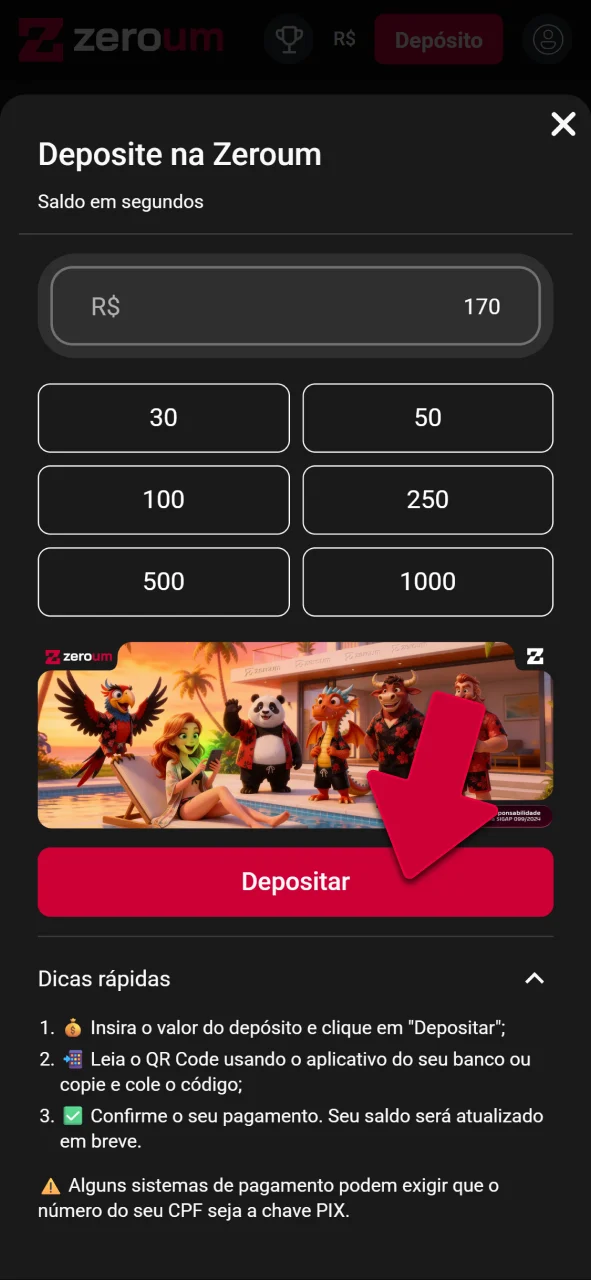 Acesse a aba de depósitos da Zeroumbet e jogue agora.