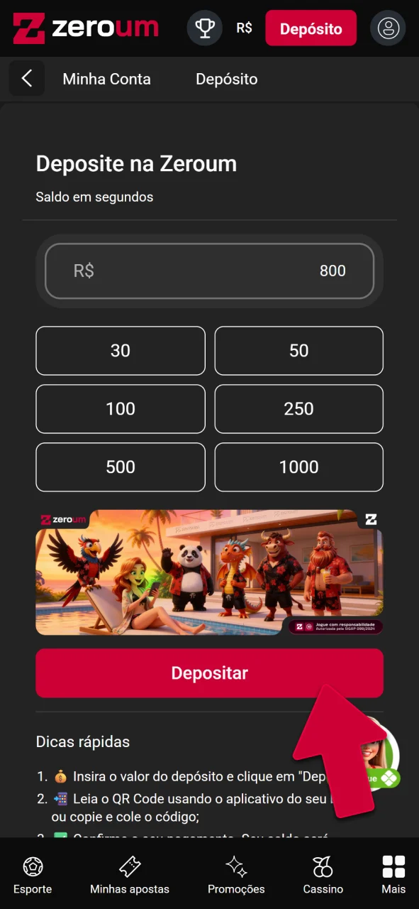 Acesse o caixa da Zeroumbet para depositar e jogue agora.