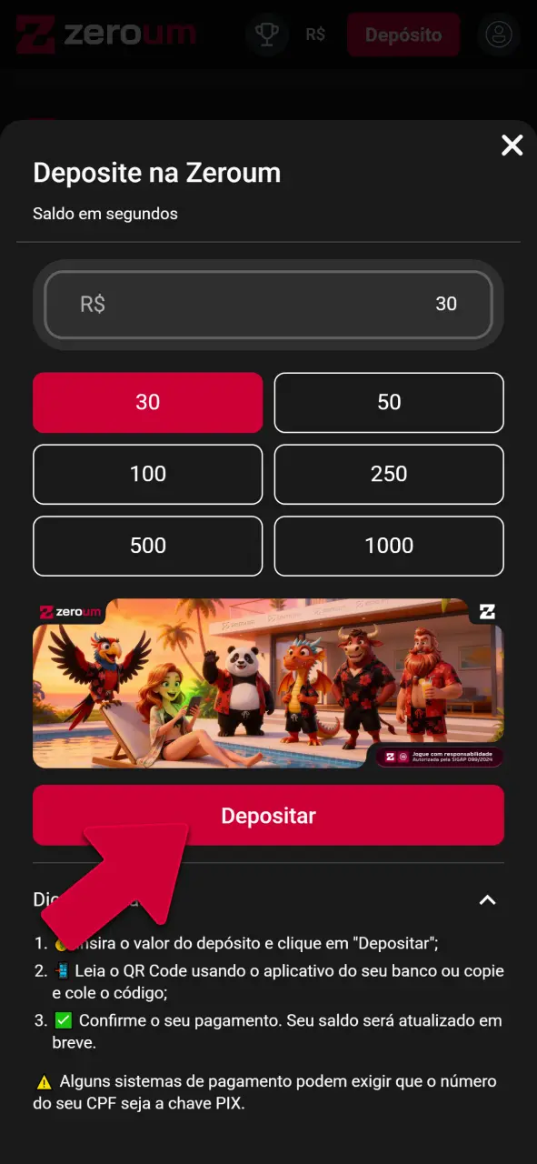Escolha o Pix para depositar na Zeroumbet e mude o seu jogo já.