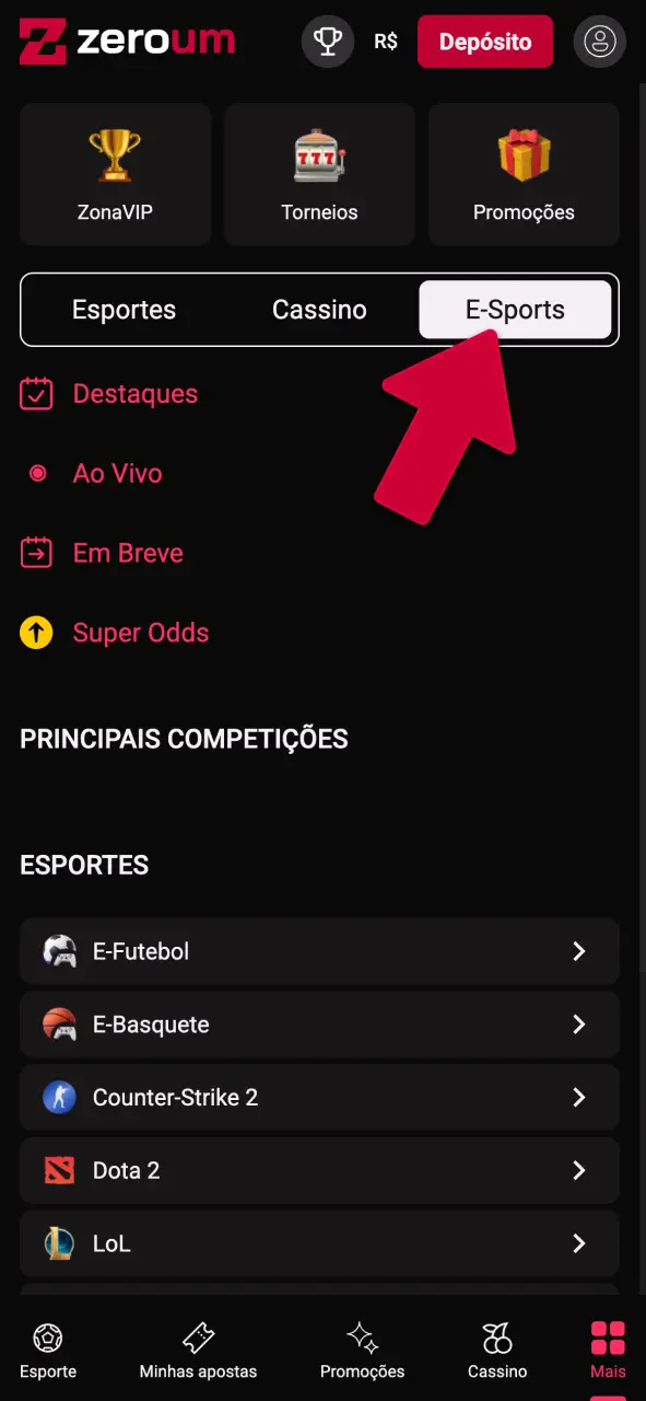 Navegue até o menu de eSports da Zeroumbet e jogue agora.