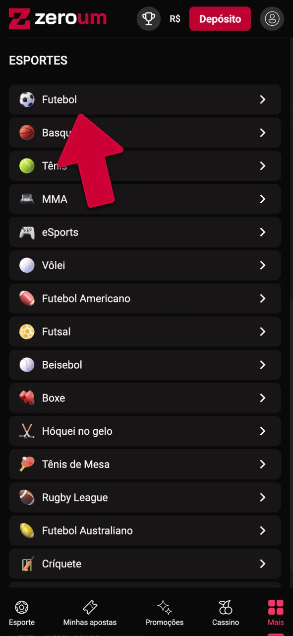 Selecione o futebol no menu principal da Zeroumbet e mude o seu jogo já.