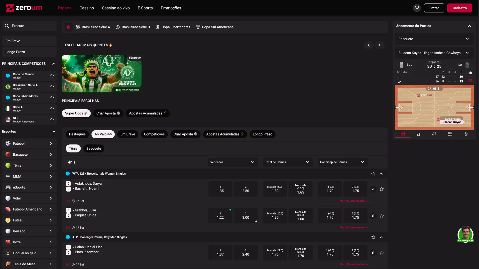 Veja a tela de esportes da Zeroumbet, selecione sua partida e ganhe agora.