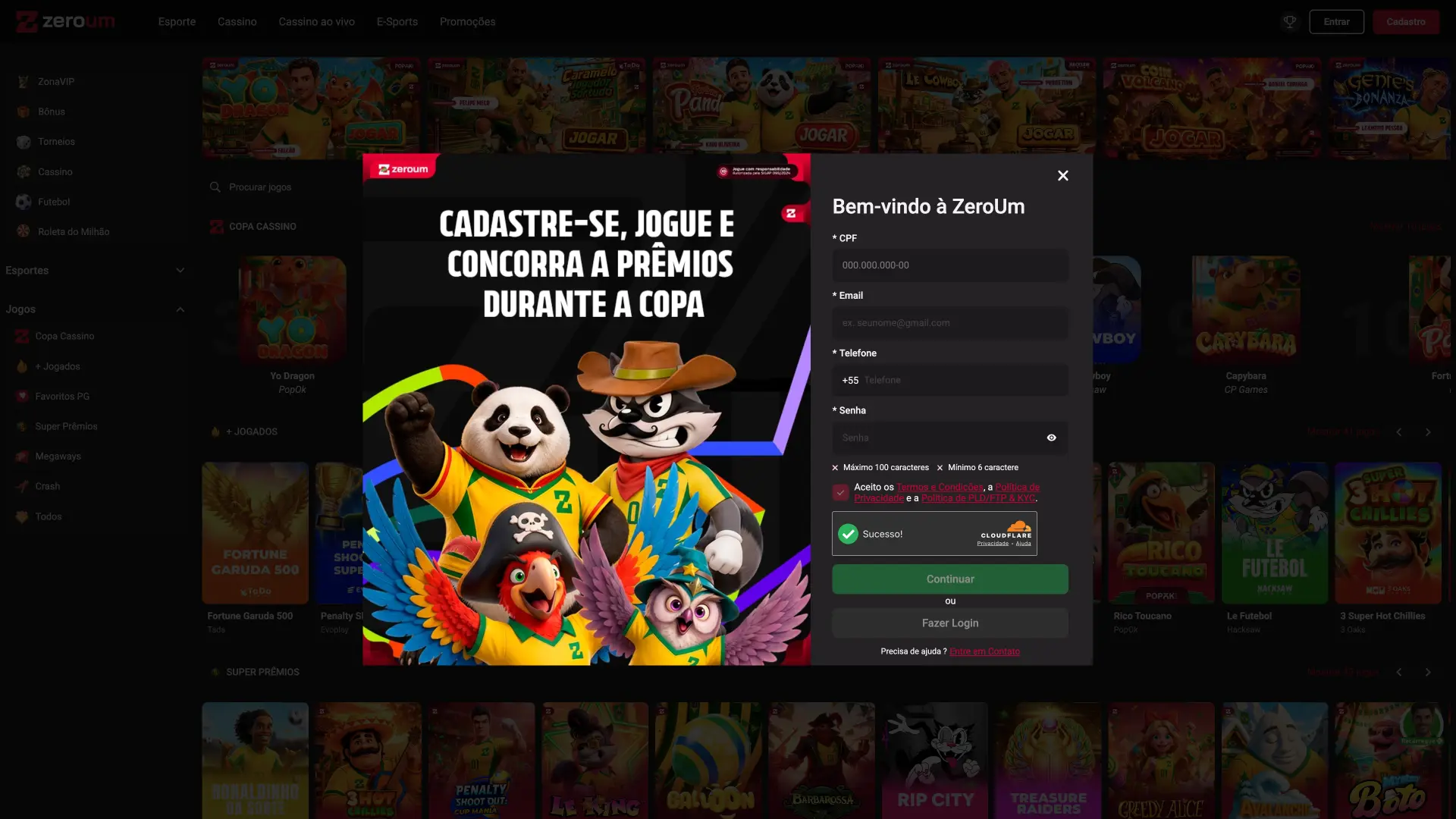Veja a tela de inscrição da Zeroumbet, preencha seus dados e jogue agora.