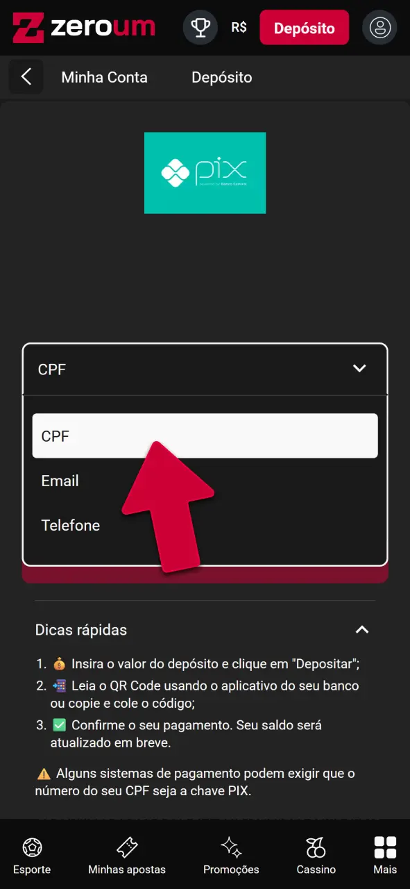 Selecione o método de depósito na Zeroumbet e jogue agora.