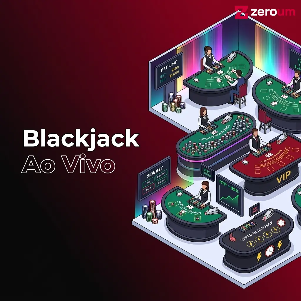 Mesa de blackjack ao vivo com dealer real, chips e cartas em ambiente de cassino profissional