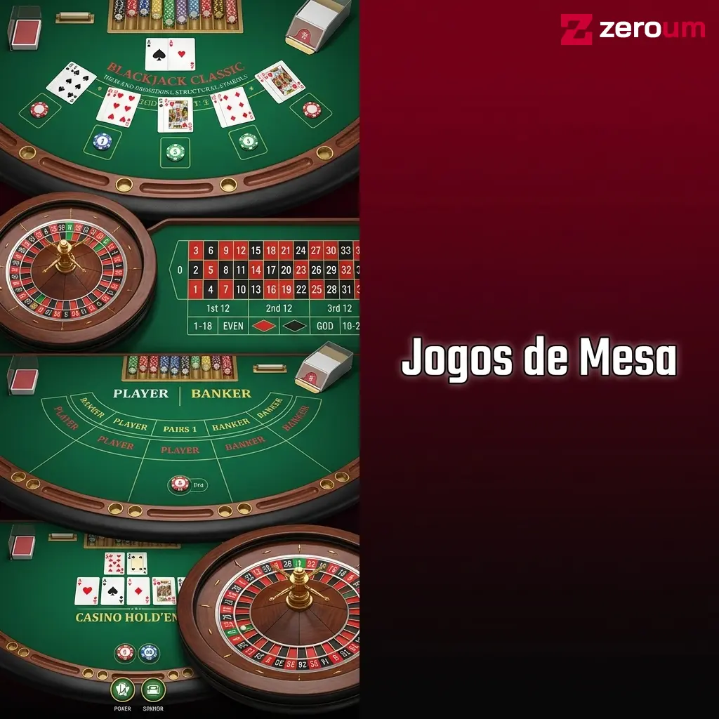Mesa com cartas, fichas e roleta representando jogos de mesa digitais como blackjack, baccarat e pôquer no Zeroumbet